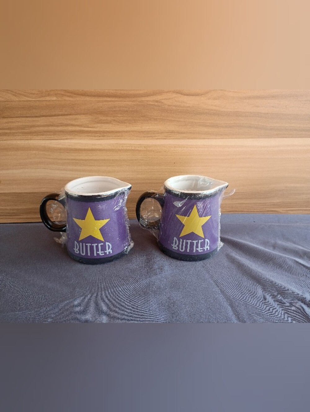 Michaels Purple Butter Pitcher Pair with Yellow Star and Black Handle